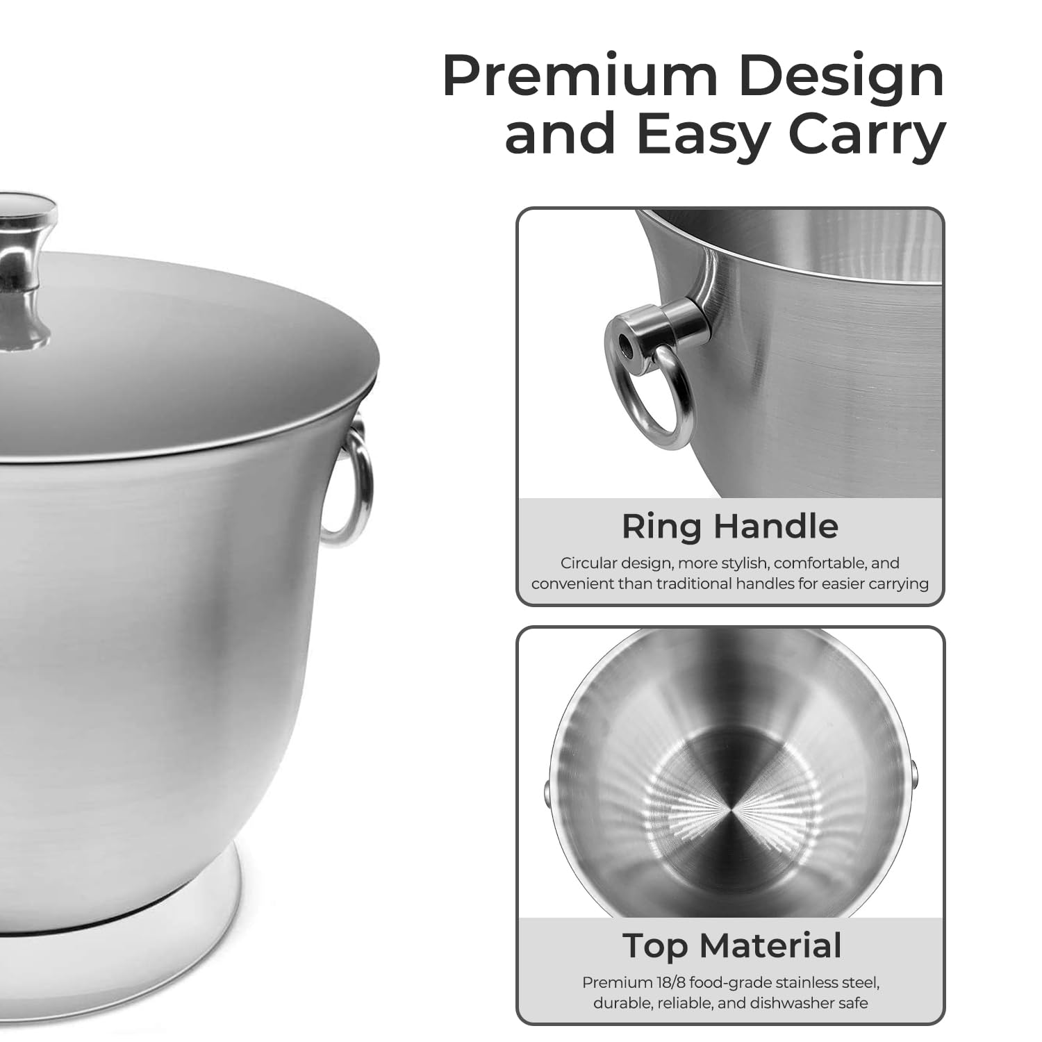 Fortune Candy Insulated Ice Bucket, 3.3 L, Double Walled 18/8 Stainless Steel Ice Bucket with Ice Tongs and Lid
