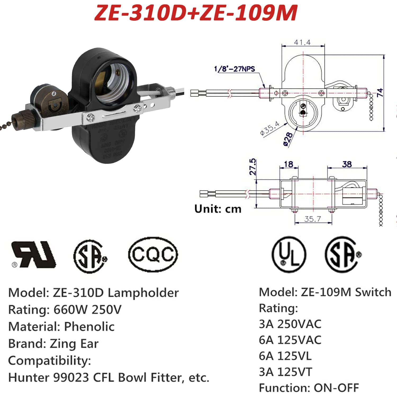 Ceiling Fan Switch ZE-310D Light Socket Pull Chain Switch, Compatible with Hunter Fan, Ceiling Fan Lamp Light, Lamp Holder E95014-Bronze Chain