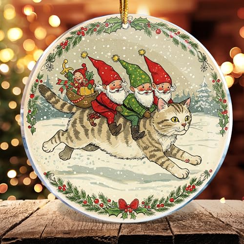 Funny Gnome Riding Cat Christmas Ornament 3.6 in Acrylic Holiday Decor
