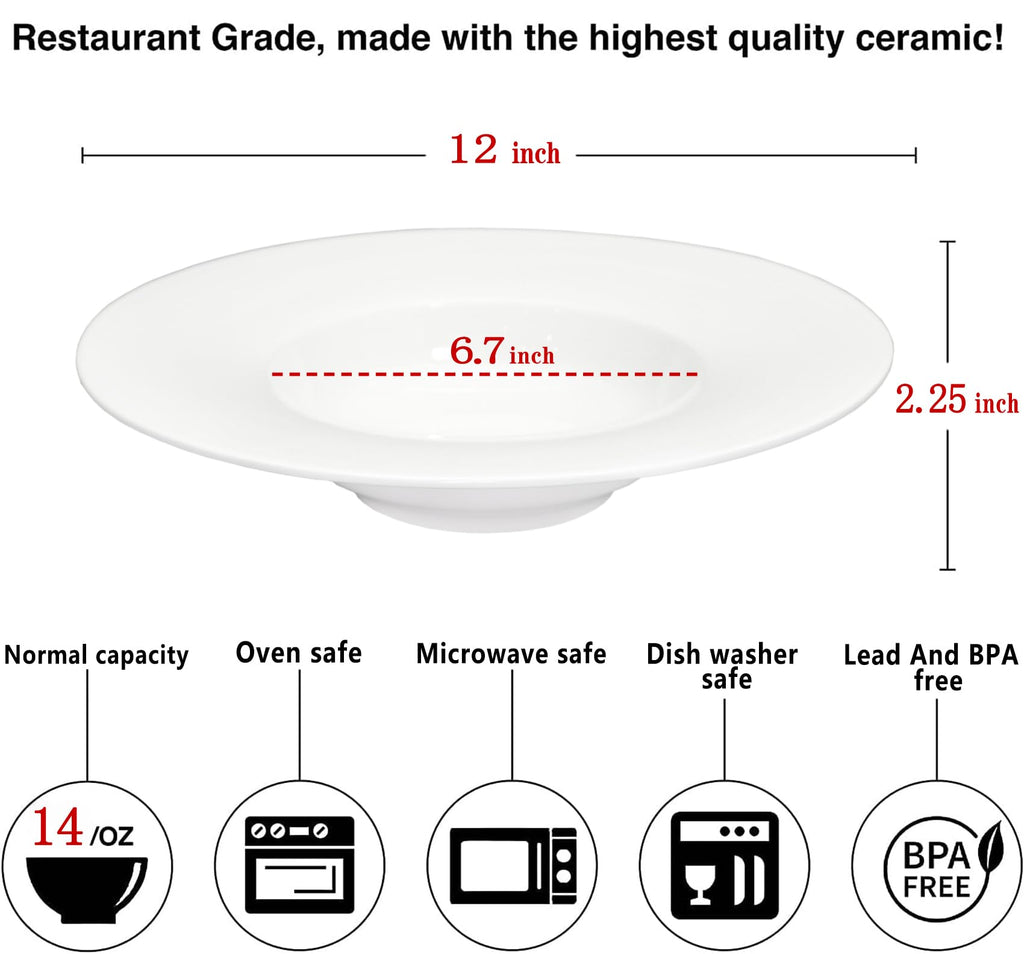 Creativity Home Ceramic Wide Rimmed Soup Plate, Soup Bowl 14 oz, Pasta Bowl Set of 4, White Shallow Bowl Plate with Rim, Best choice for high-end restaurants, hotels, and foodies, 12 Inch