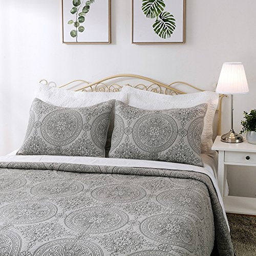 King Pillow Sham - 100% Cotton Medallion Embroidered, Gray, 20'' x 36''