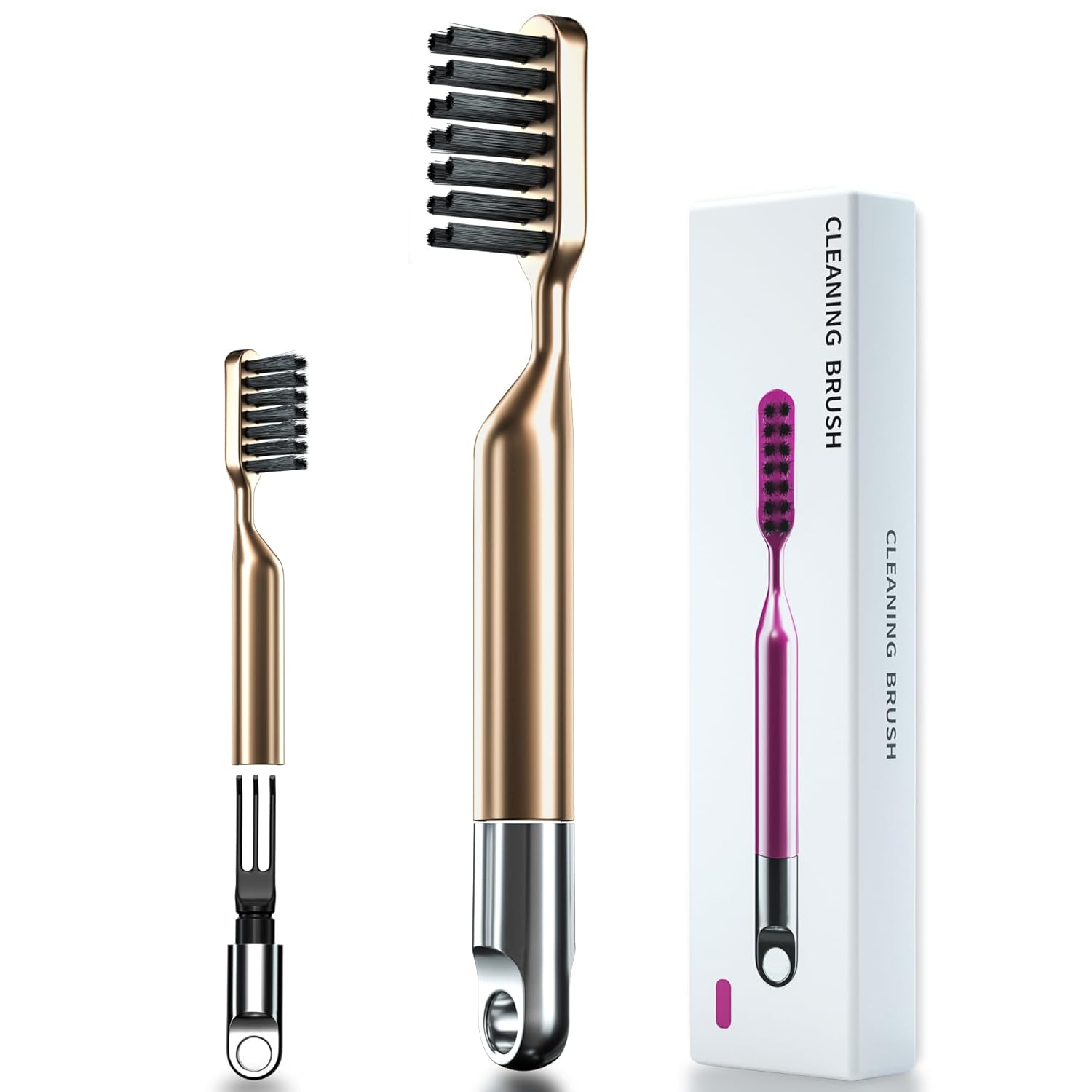 Skiennix 2-in-1 Hair Brush Cleaner - Nylon Bristles & 3-Pronged Rake for Easy Tangled Hair Removal - Compact Gold Design