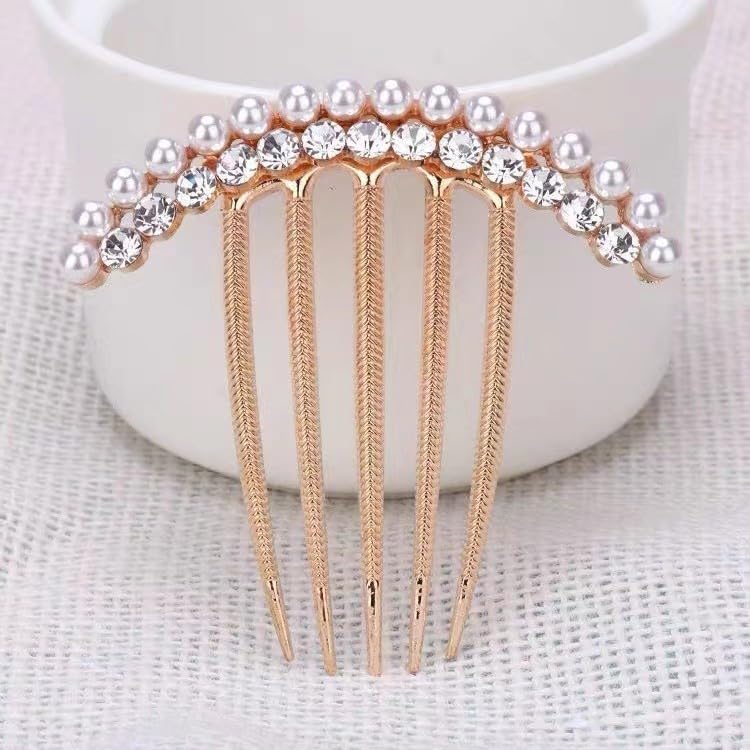 QUUPY Gold Pearl Hair Side Comb Rhinestone Bridal Hairpin Accessory