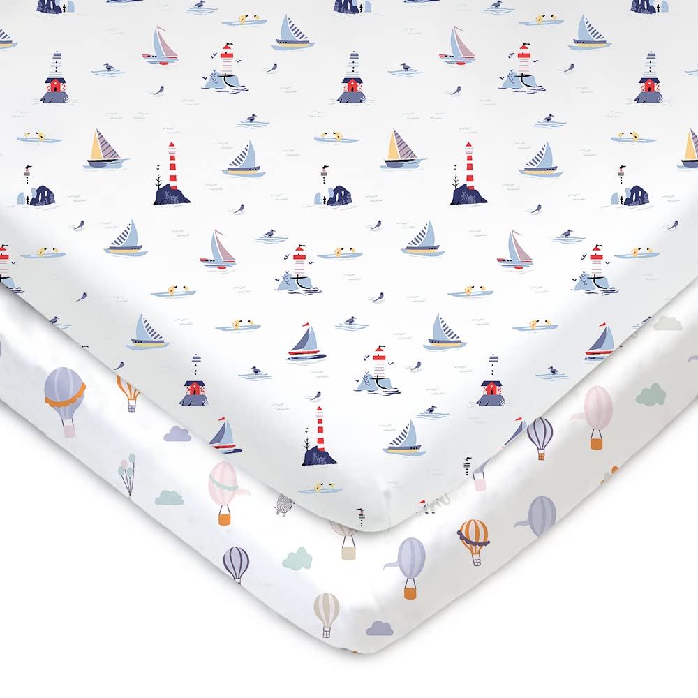 TotAha Premium Stretchy Pack N Play Playard Sheets - Hypoallergenic Mini Crib Sheets (2-Pack) | Silky Soft, All-Season Jersey-Knit 38 x 24 (Balloon & Sailboat)