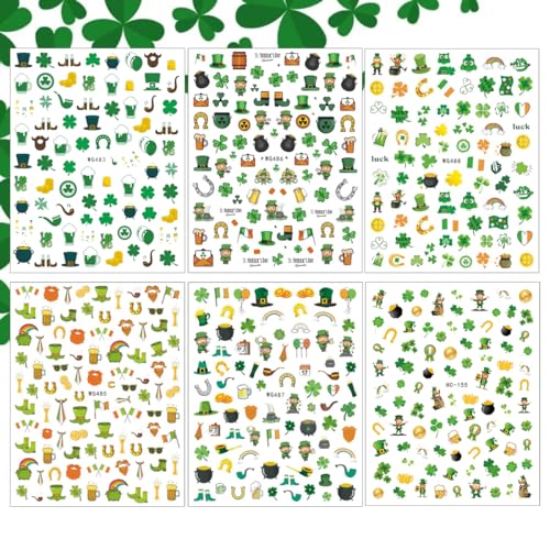St. Patrick's Day 3D Nail Art Stickers - 6 Sheets Green Shamrock Decals