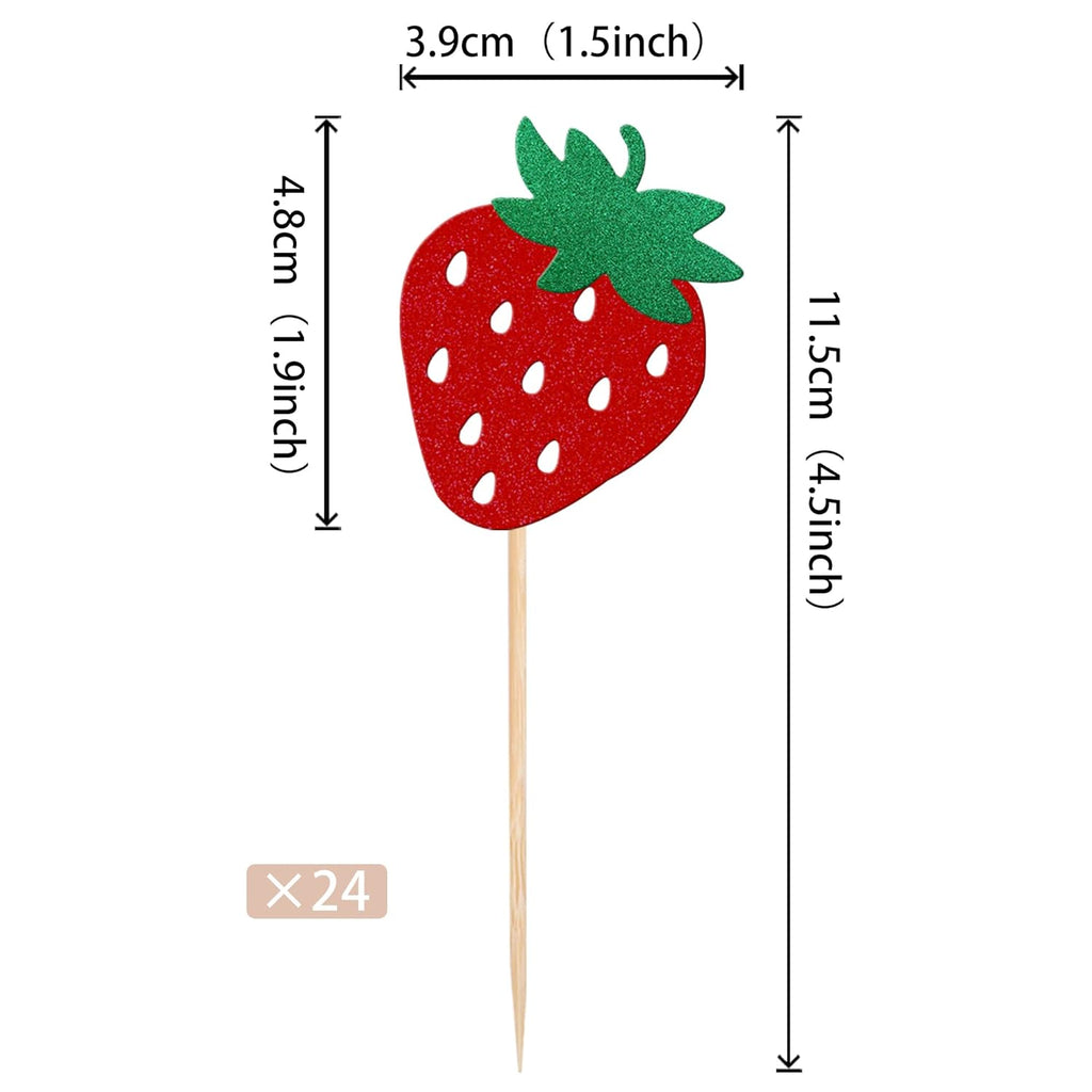Skiennix 24 PCS Strawberry Cupcake Toppers - Red Glitter Fruit Theme Picks for Summer Parties