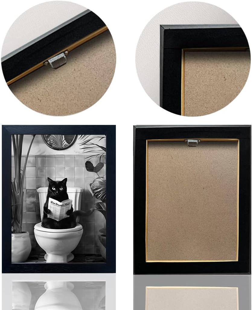 Skiennix Black Cat Bathroom Wall Art - Humorous Framed Canvas Print | Small Size, Black & White Design