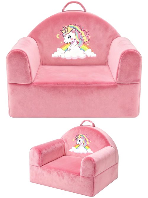 laapee Kids Sofa Chair with Removable Washable Cover & Magic-Tape Backrest Toddler Chair, Cozy Crystal Velvet Furniture for Playtime, Naps & Travel (Soft Pink, Unicorn Design)