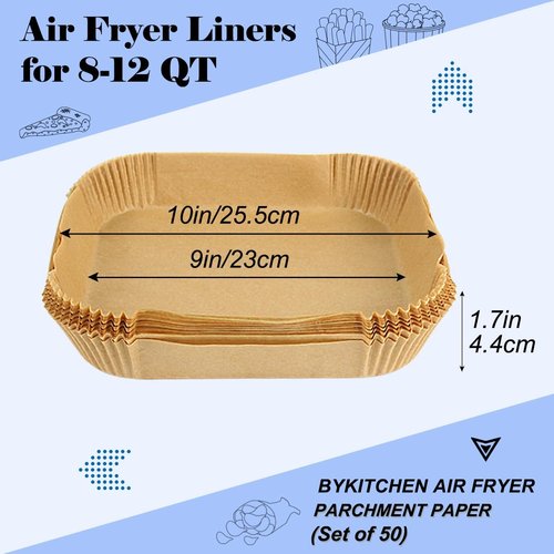 BYKITCHEN Air Fryer Liners - 10 Inch Square Parchment Paper for XL Air Fryers | Set of 50
