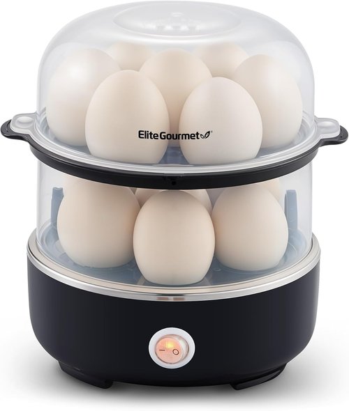 Elite Gourmet Easy Egg Cooker - Stainless Steel, Two-Tiered, 14-Egg Capacity, Auto Shut-Off, Black