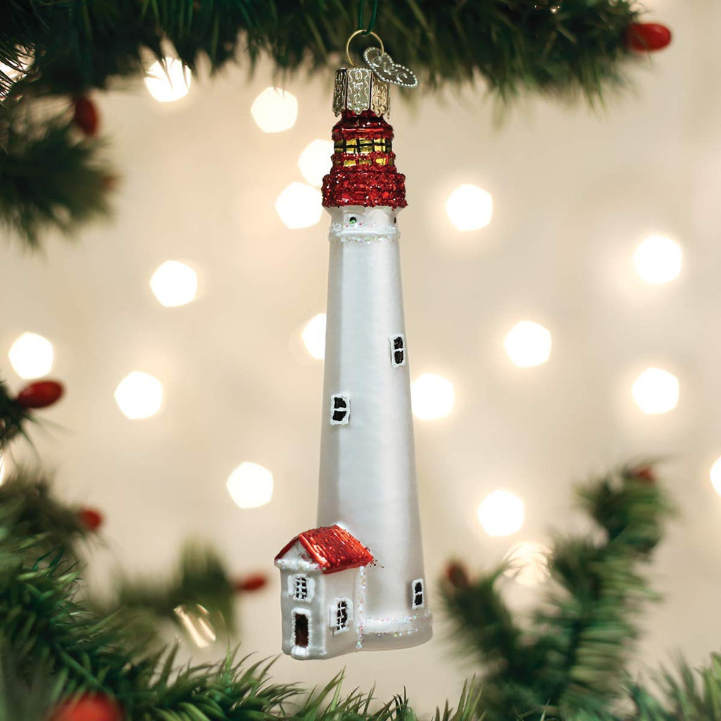 Old World Christmas Cape May Lighthouse Glass Blown Ornament for Christmas Tree, Handcrafted Holiday Decoration, Landmark Collection