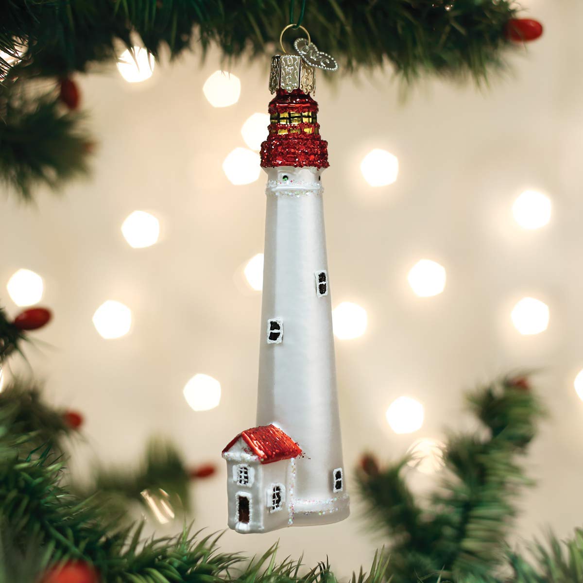 Old World Christmas Cape May Lighthouse Glass Blown Ornament for Christmas Tree, Handcrafted Holiday Decoration, Landmark Collection
