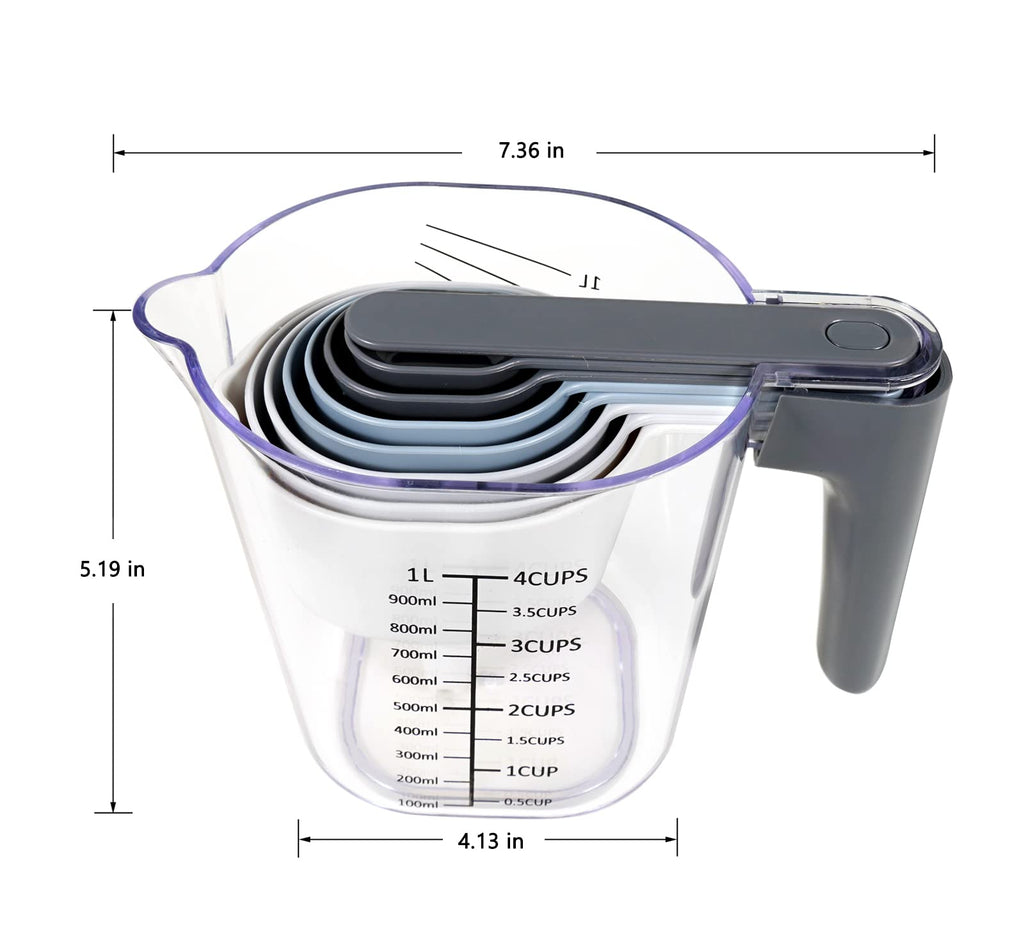 Recogwood 19 Pieces Measuring Cups and Spoons set, Includes 10 Stackable Measuring Cup with Lid and 9 Magnetic Measuring Spoons, Tablespoon for Liquid and Dry, BPA Free, Dishwasher Safe (Black)