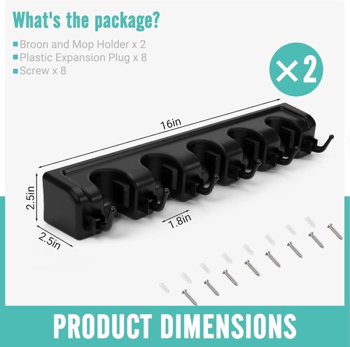 InPoTo Broom and Mop Holder - Wall Mounted Organizer with 5 Ball Slots & 6 Hooks | 2-Pack