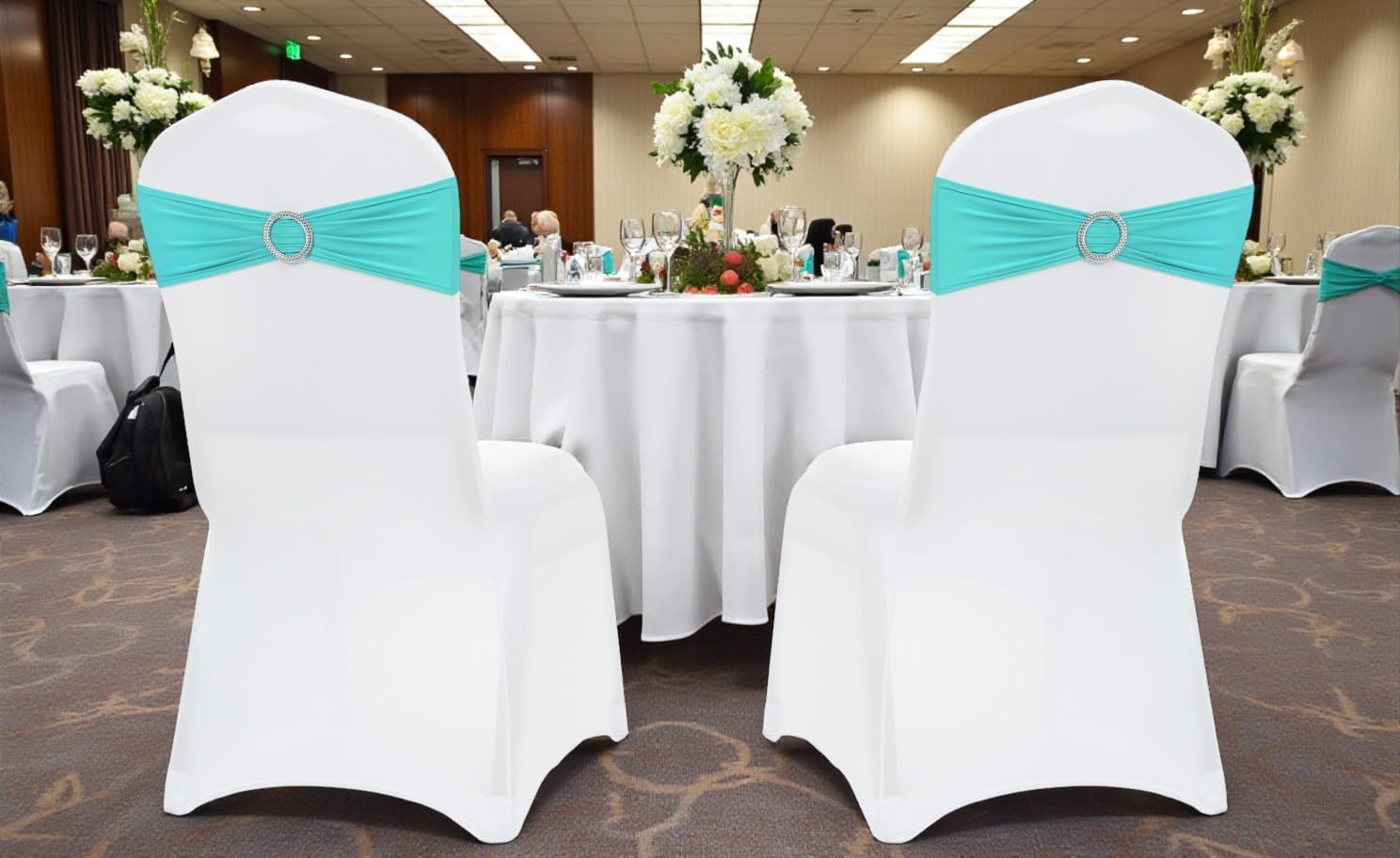 MDS Spandex Chair Sashes - Premium Stretch Covers with Buckle Slider for Weddings & Events | Aqua Blue, Pack of 10