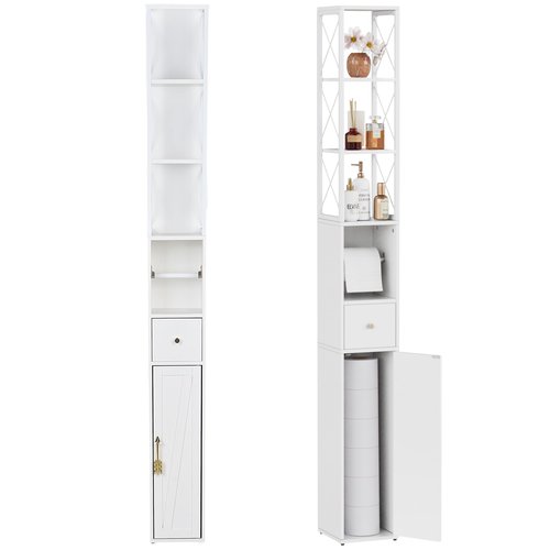 VECELO Storage Cabinet, 67" Tall Narrow Bathroom Cabinet with X-Frame Metal Design, Toilet Paper Holder, Magnetic Door & Drawer, for Small Spaces, Pearl White