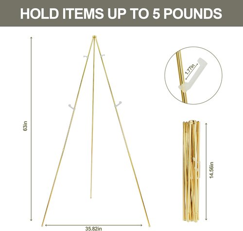 DANMO Adjustable Metal Easel Stand - 63'' Wedding Sign Display in Elegant Gold Finish
