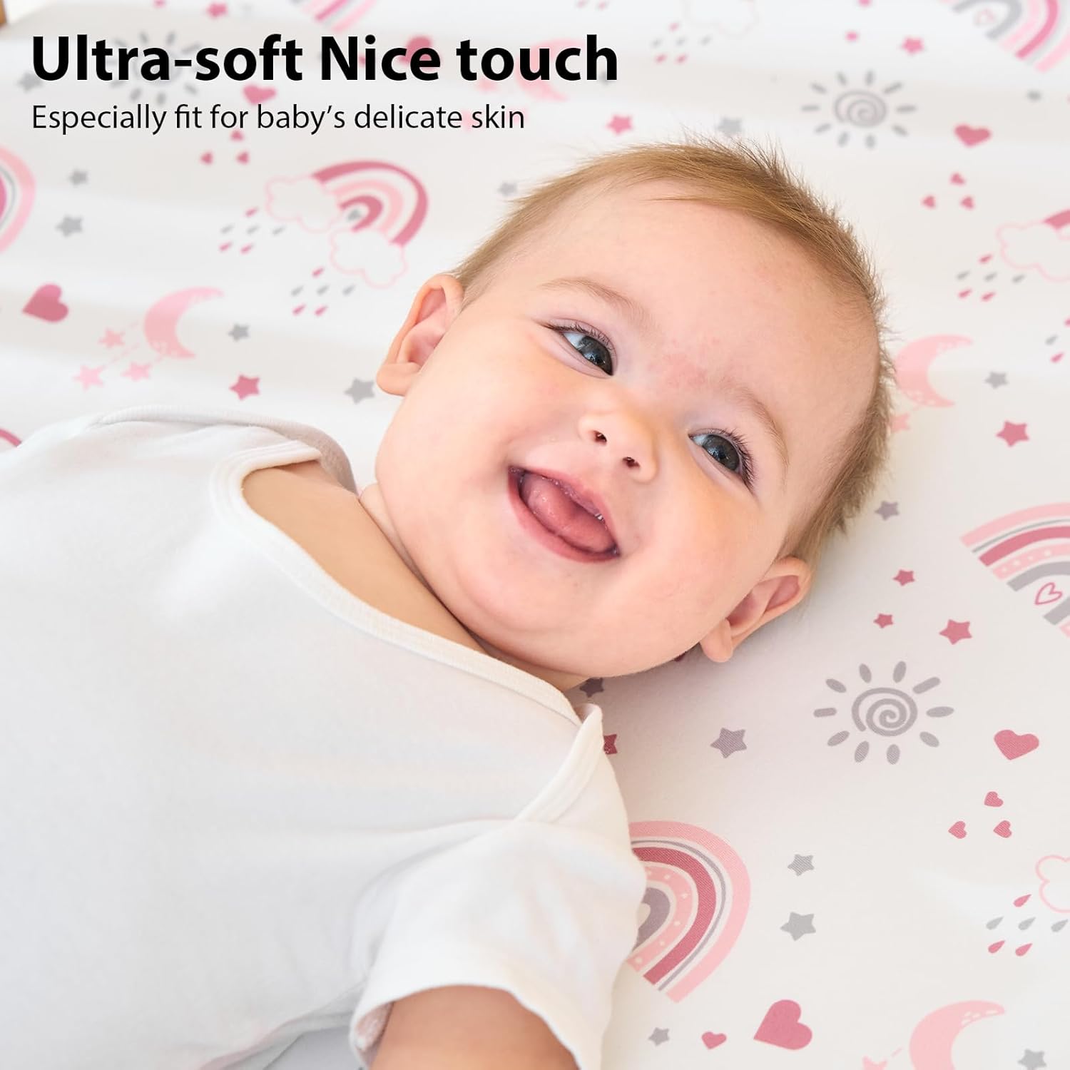 Skiennix Baby Crib Sheets - 3 Pack Fitted Toddler Bed Sheets, Super Soft Microfiber, Pink Rainbow | 52”x28”