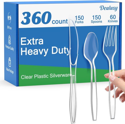 Dealusy 360 Count Extra Heavy Duty Clear Plastic Silverware Set - BPA-Free & Heat Resistant Utensils