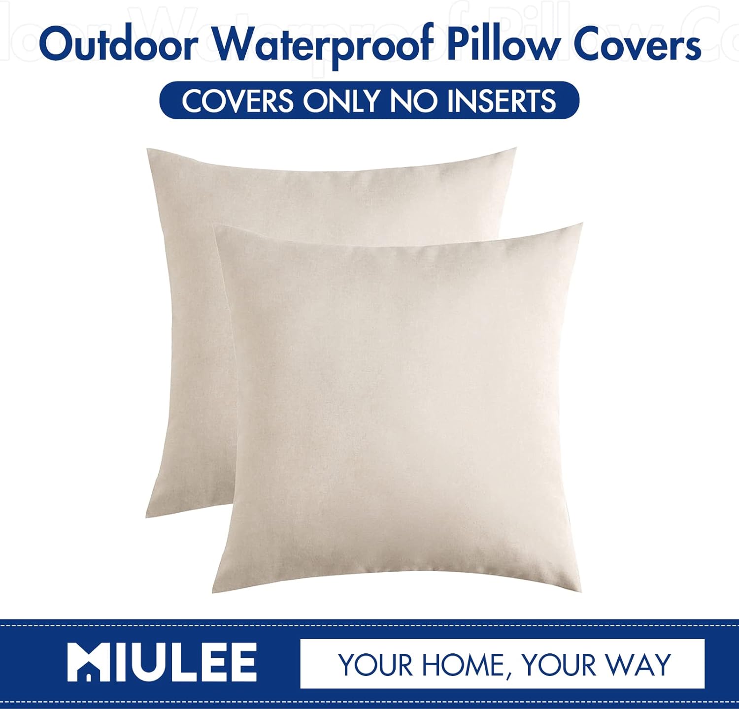 MIULEE Decorative Outdoor Throw Pillow Covers - Waterproof Faux Linen Cushion Cases | 16x16 Inch Beige (Pack of 2)