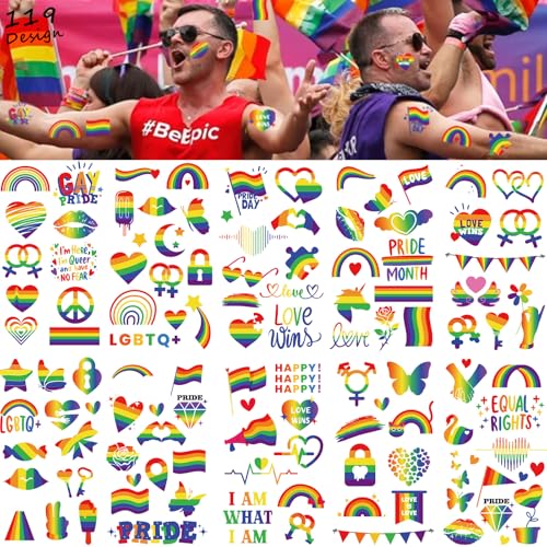 Garsellen 119+ Pcs Gay Pride Temporary Tattoos Rainbow Flag Stickers