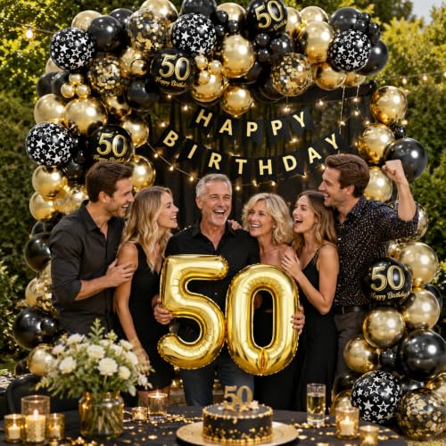 Black and Gold 50th Birthday Decorations Kit - 154pcs with Banner & Balloons