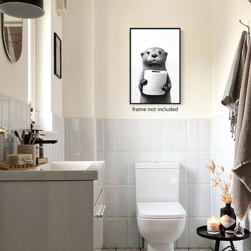 Funny Bathroom Wall Art - Cute Otter Holding Toilet Paper | Black and White Canvas Print 16x24in