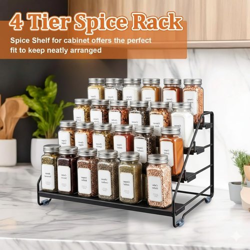 AVMDOM 4 Tier Spice Rack Organizer for Cabinet, Step Adjustable Spice Shelf Seasoning Organizer with Non Slip Tiers, Expandable Metal Spice Rack for Kitchen Countertop, Pantry, Cupboard – Black