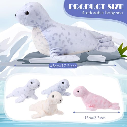 Hollowfly 5 Pcs Seals Plush Set 18" Large Seals Pillow with 4 Cute Babies Stuffed Animal in Zippered Belly Nurturing Plushes Toy Gift for Kids Adults Birthday Christmas Holiday Part