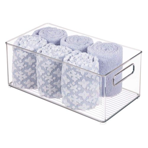 mDesign Plastic Bathroom Storage Container Bins w/ Handles - Closet, Cabinet, Vanity, Cupboard Shelf Organization, Hair Tools Accessory Organizer - Ligne Collection; Clear, 14.6x8.1x6 (Pack of 4)