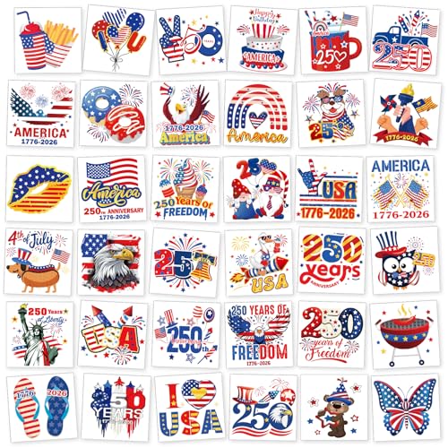HOWAF 250th Anniversary Temporary Tattoos, 72pcs USA 1776-2026 Party Favors