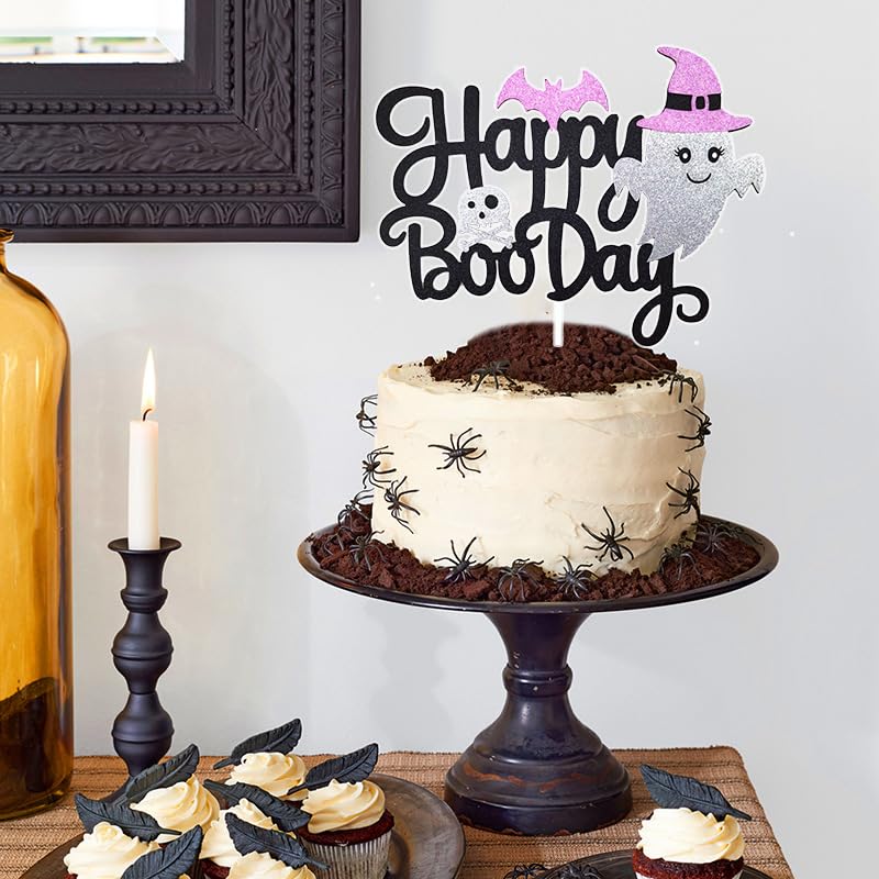 Happy Halloween Cake Topper - Black Glitter Boo Day Decoration