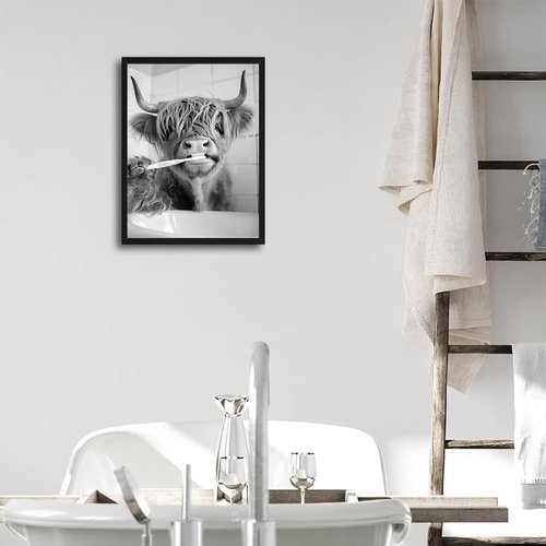 Highland Cow | Framed Funny Bathroom Wall Art - Black & White Modern Farmhouse Decor | 12x16in