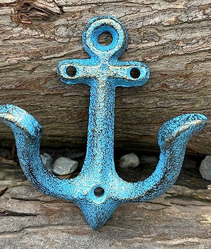 KiaoTime Blue Nautical Anchor Wall Hook - Rustic Cast Iron Coat Rack