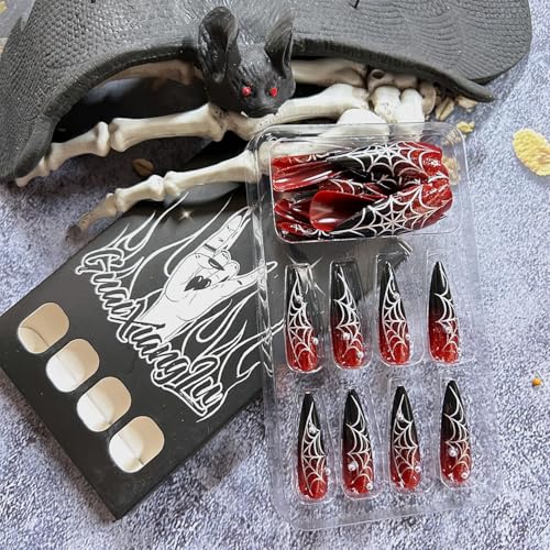 Halloween Press on Nails Long Almond Dark Red Spider Web Fake Nails