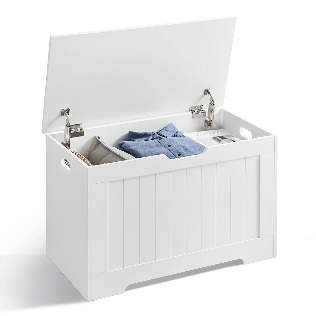 VASAGLE Storage Chest, 29.9 Inches Width Storage Bench, Entryway Bench with 2 Safety Hinges, Shoe Bench, Farmhouse Style, for Entryway, Bedroom, Living Room, Cloud White ULHS11WT