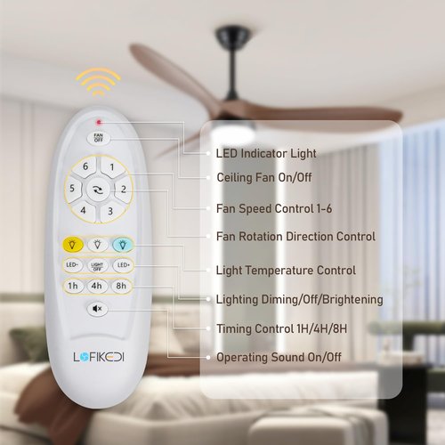 LOFIKEDI 52 Inch Ceiling Fan with Light, Remote Control, Reversible DC Motor, Stepless Dimming, Noiseless, Energy-Efficient for Indoor and Outdoor Use, Woodgrain Finish