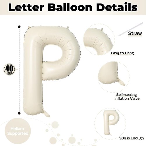 Giant Alphabet P Foil Balloon - Cream Ivory White 40 Inch Mylar Letter for Birthday & Baby Shower Decor