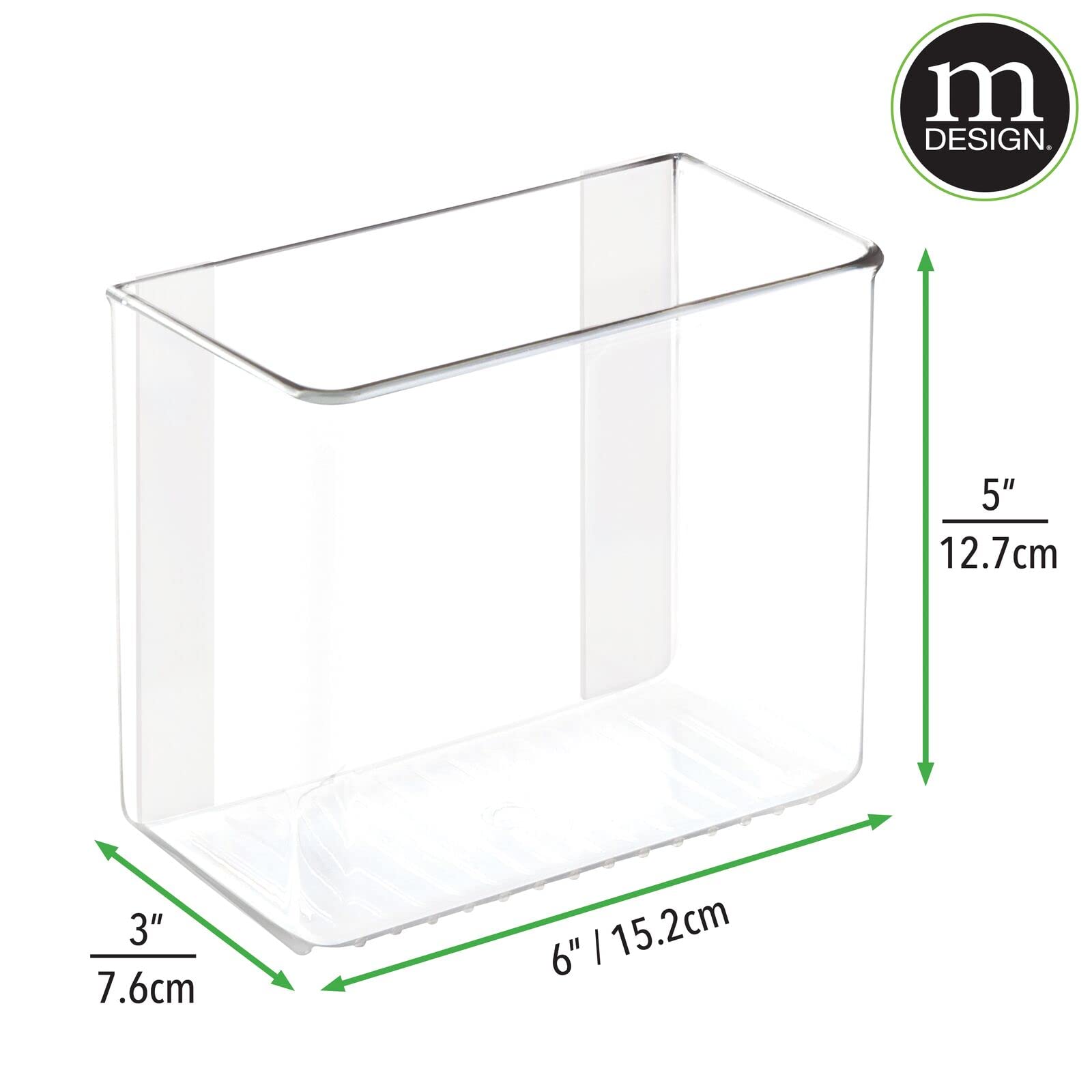 mDesign Plastic Adhesive Wall Mount Storage Organizer Container for Bathroom, Shower, Vanity Cosmetic Organization - Hold Shampoo, Conditioner, Vitamins, 6" Wide, Poppon Collection, 2 Pack, Clear