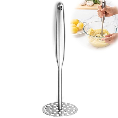 Soild Stainless Steel Potato Masher with Perforated Base Long Big Ergonomic Handle Ricer Kitchen Tool for Mashed Potatoes, Purple SweetPotato, Avocados, Beans, Fruit, Vegetables (Fully Solid)
