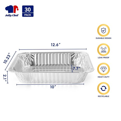 JOLLY CHEF 9x13 Aluminum Foil Pans - 30 Pack of Disposable Deep Steam Pans for Roasting & Catering