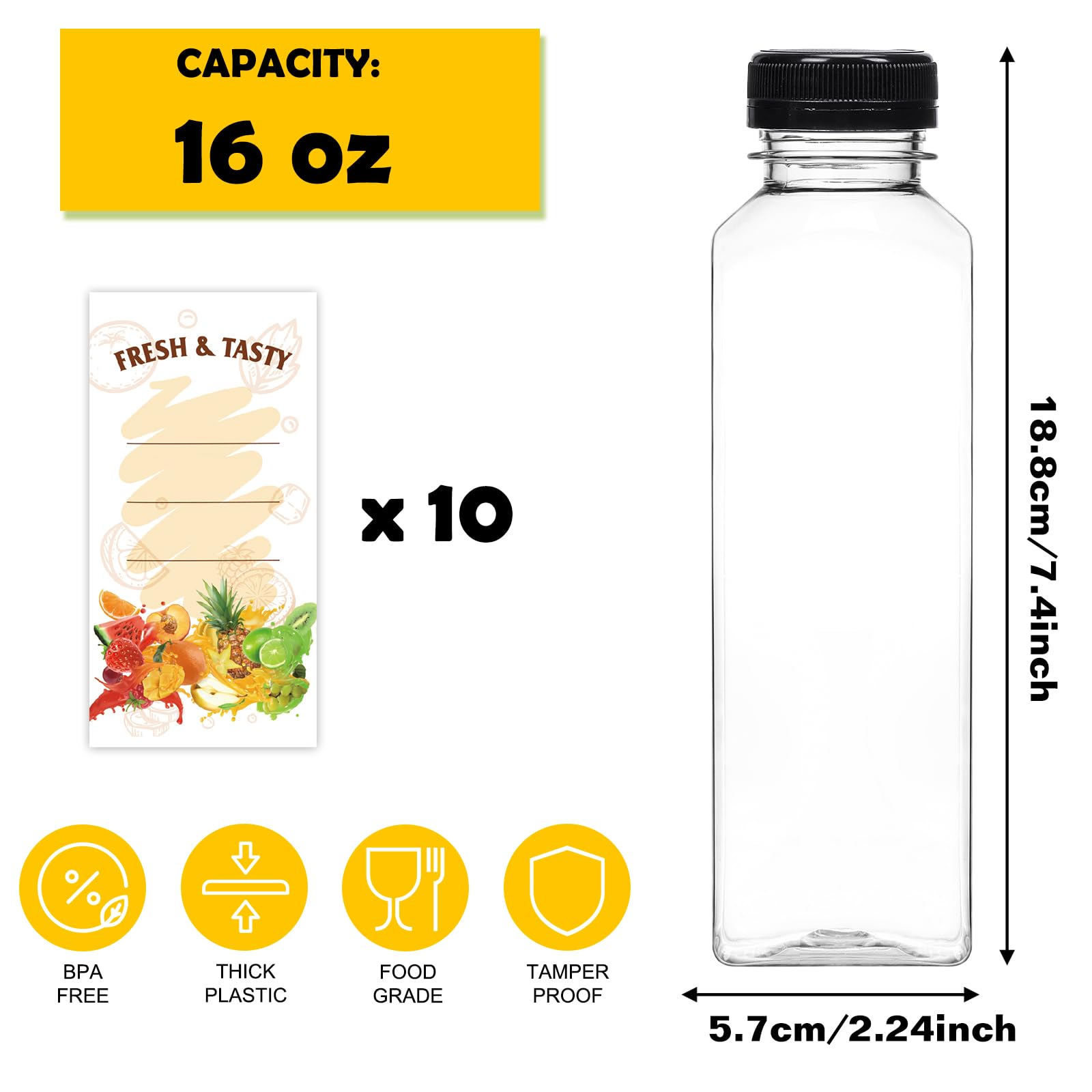 BAKHUK 10pcs 16oz Empty Plastic Juice Bottles with Caps, Plastic Water Bottles with Lids, Reusable Clear Bulk Beverage Juice Containers for Milk and Other Beverages