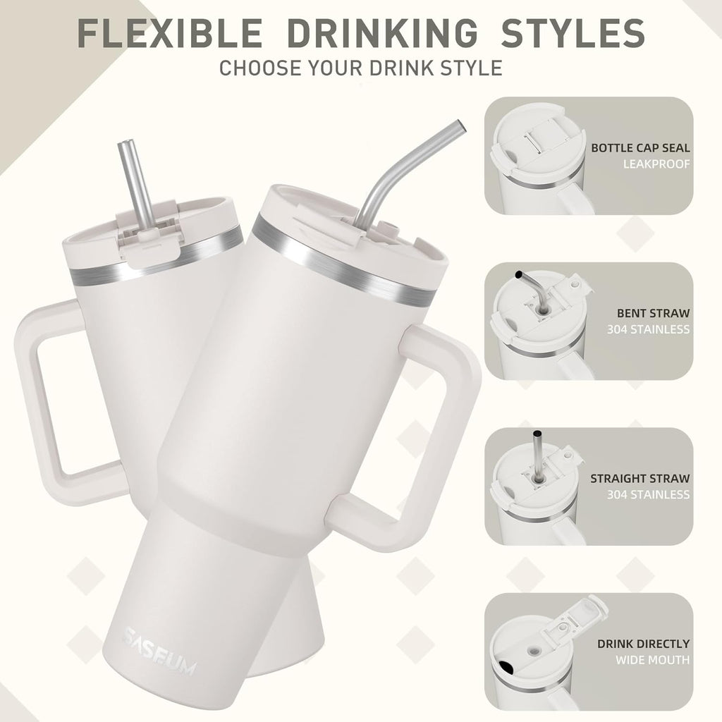 SASEUM 40 oz Insulated Tumbler - Double Wall Stainless Steel with Handle & Lid | BPA-Free, White