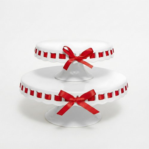 Ceramic Cake Stand, 12inch cake decoration supplies, Cake Pedestal Stand with 6 Ribbons, Cake Stands for Party or Birthday, White Cake Platter - Cake Display Stand for Wedding Reception, Pie Stand