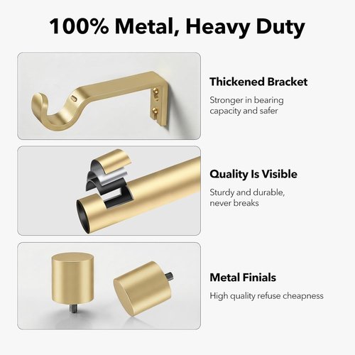 IFELS Heavy Duty Curtain Rod - Adjustable 66 to 120 Inch, Gold Finish with Metal Finials | Modern Design