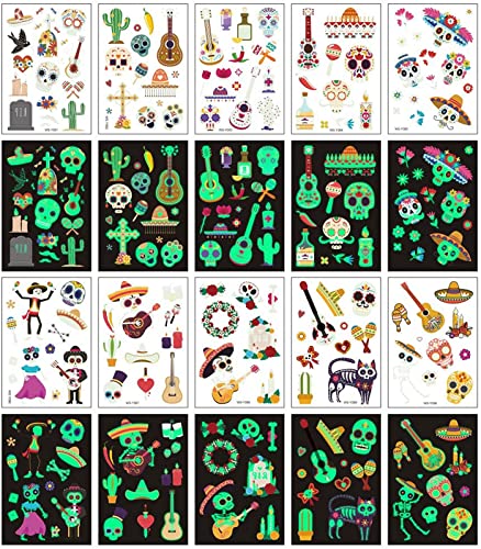 Felico Luminous Day of the Dead Temporary Tattoos - Glow in the Dark