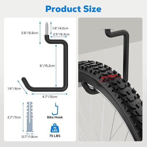 Housolution Heavy-Duty Bike Hooks - 8-Inch Wall & Ceiling Mount | 75 LBS Capacity, Anti-Slip Coating, 4 Pack