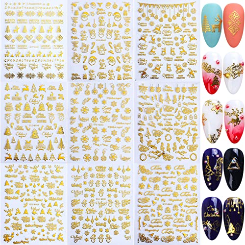 Vezocim Gold Christmas Nail Art Stickers 9 Sheets Holographic 3D Winter