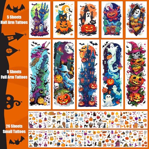 Partywind Kids Temporary Tattoo Sleeves - 36 Sheets Halloween Fake Tattoos