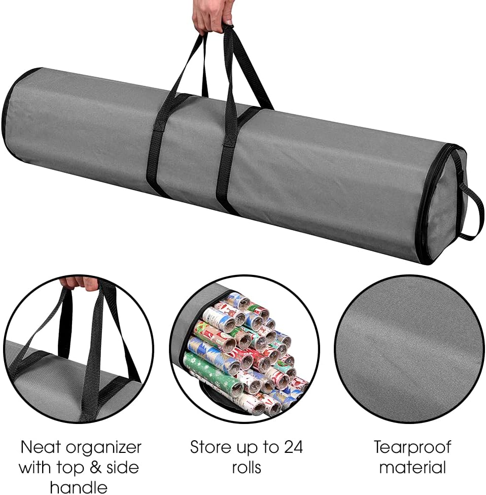 ProPik Gift Wrap Storage Bag - Heavy Duty Organizer for 48 Rolls | 40-Inch Long | Gray with Handles